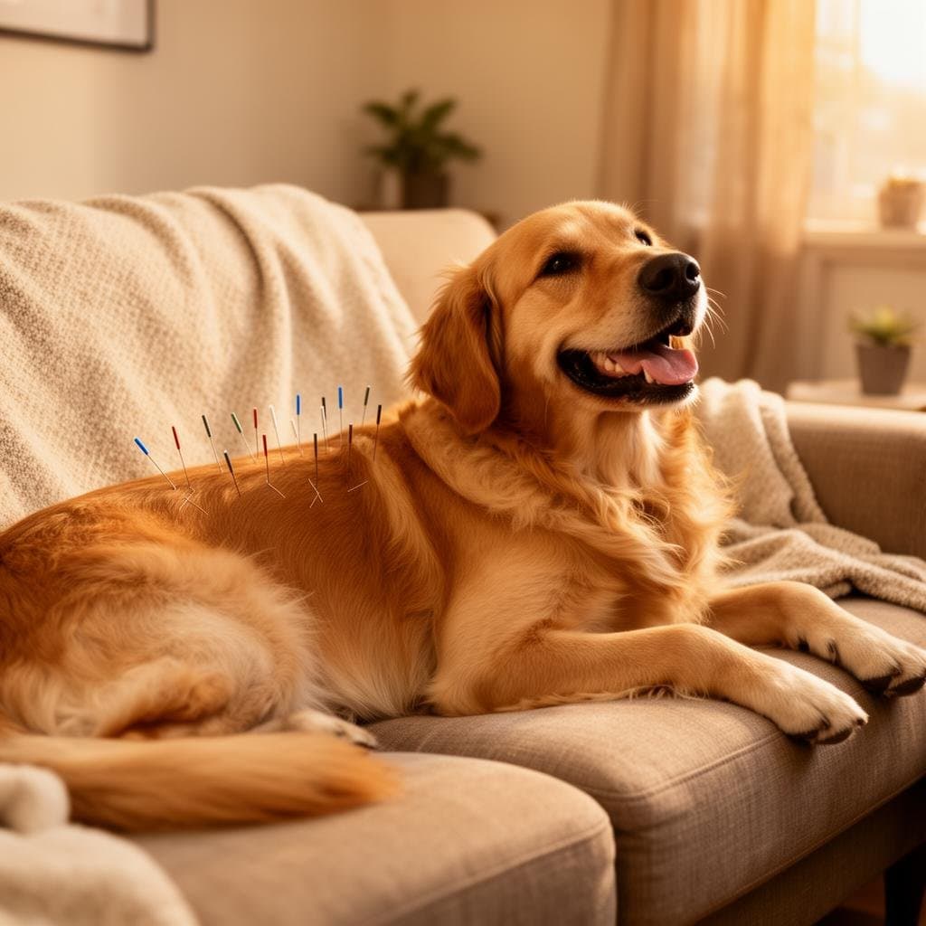 Golden Retriever deitado no sofá recebendo acupuntura