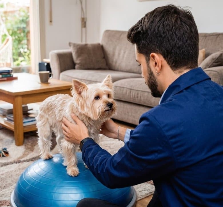 Veterinário fazendo fisioterapia com um cão sobre bola de equilíbrio